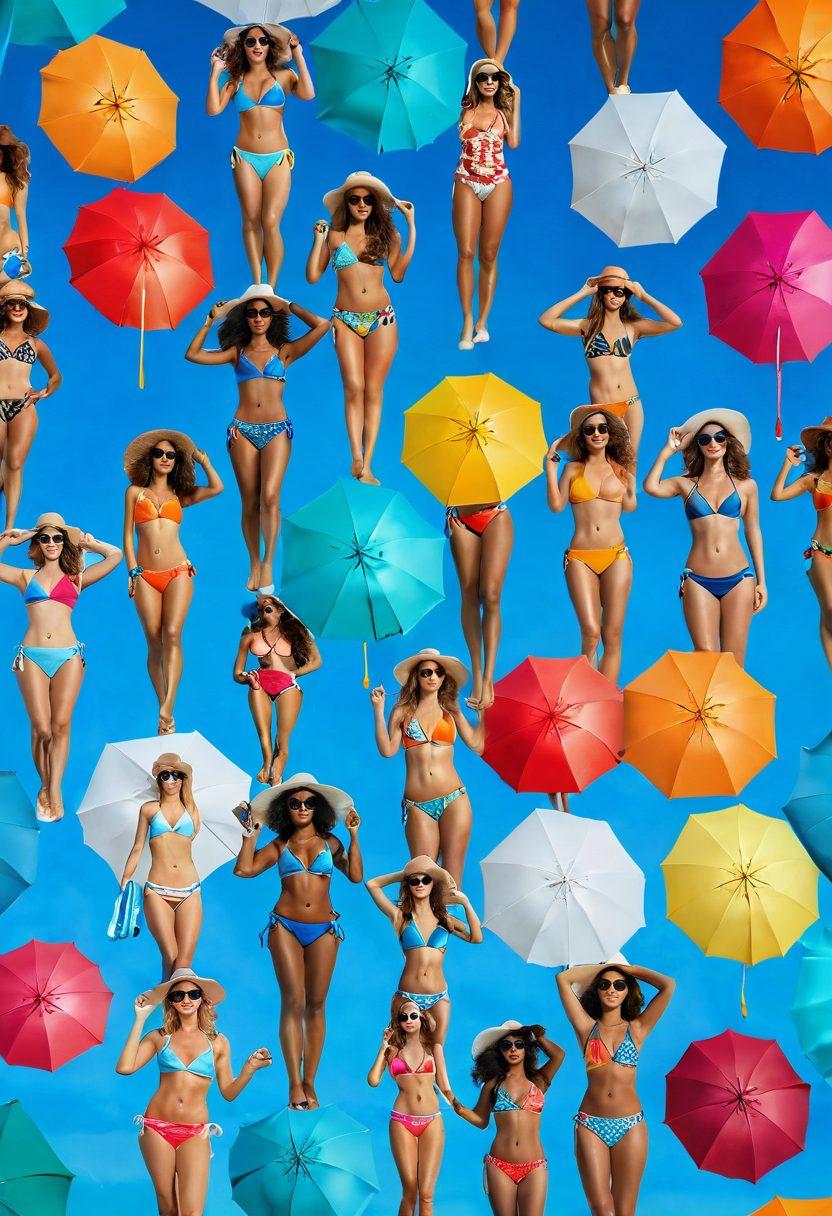 A vibrant beach scene featuring a diverse group of fashionable women modeling various trendy bikinis, with summer accessories like sunglasses and hats. The background showcases clear blue water and colorful beach umbrellas, creating a lively atmosphere. Emphasize the different styles, patterns, and colors of the bikinis, while capturing the essence of summer fun and beach vibes. super-realistic. vibrant colors. bright sky.